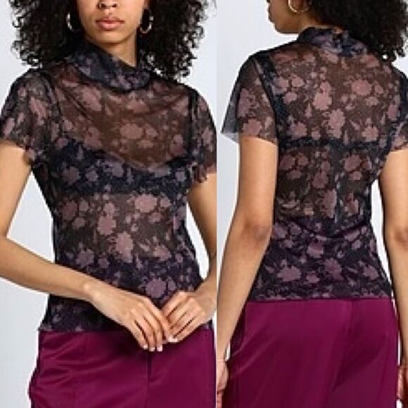 NWT Free People Intimately Sz S tulle floral mesh mock neck top retro 70s boho - Picture 1 of 6